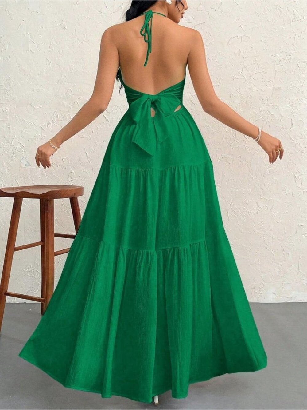 Women's Maxi Summer Dresses Green Halter V Neck Beach Dresses A-Line Dress - Picture 5 of 7